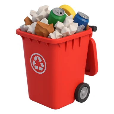 Make the red trash bin overflowing with garbage, keep the 3D emoji style, no background. sticker