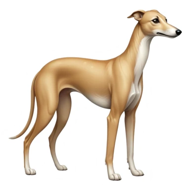 cinematic-[fawn greyhound]-realistic-full-body-standing-emoji,-tail-resting-loosely-beside-its-paws,-head-tilted-dramatically, -sleek-[light fawn]-fur,-simplified-yet-realistic-focused-features,-highly-detailed,-glowing-with-an-almost-sarcastic-glow sticker