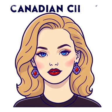 Female with Pale skin wavy long brown blonde hair crystal blue eyes bigger lips wearing red matte lipstick. wearing a black long sleeves the phrase Canadian Chick writing on the front in a red and purple colored font and large 24k gold earrings sticker