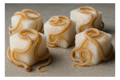 ZOLLETTE DI ZUCCHERO CON PARASSITI TIPO LA TENIA ARROTOLATE INTORNO AD OGNI ZOLLETTA, IPERREALISTICO 4K sticker