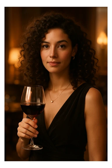 A woman with curly hair holding a glass of wine sticker