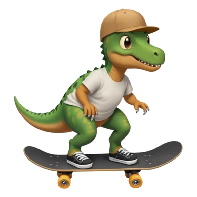 Dinosaur skateboarding at the skate park wearing a t-shirt and doing six seven sticker