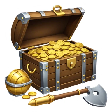 An icon featuring a treasure chest partially open, revealing gold coins and jewels. A metal detector and a shovel are nearby, symbolizing the excitement of treasure hunting. The design evokes adventure, exploration, and the thrill of discovering hidden treasures. transparent background. sticker