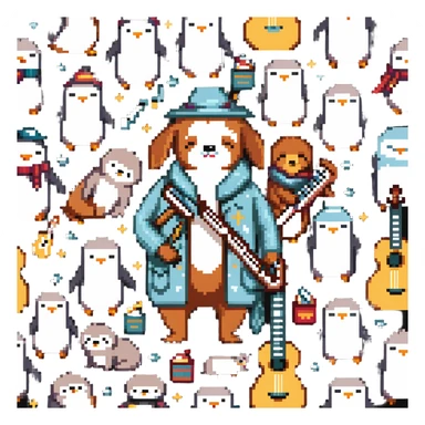 sleepy, fashionable musician character surrounded by dachshunds, penguins, and sloths sticker