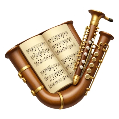 Create a balanced and harmonious emoji that represents traditional wind instruments like duduk, recorder (block flute), piccolo, and others. The design should feature these instruments arranged in a semi-circle or gentle arc to create a sense of unity. Each instrument should be visible but not overpowering, creating a harmonious composition. Add subtle musical notes flowing between the instruments to symbolize their connection through music. Use warm, earthy tones like wood brown, gold, and ivory to reflect the organic, classical feel. The background should be transparent. sticker