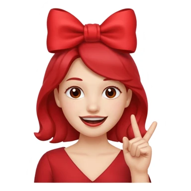 Emoji qui sourire avec le doigt dans la bouche et un noeud dans les cheveux sticker