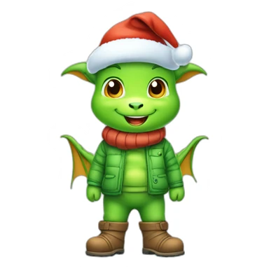 happy little green cartoon dragon of child in winter, in work pants, in work clothes, in winter boots, in a Santa Claus hat, New Year sticker