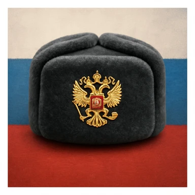 Russian ushanka hat with the emblem of Russia with a background sticker