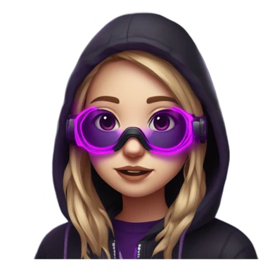 Russian girl student in the black hoody with violet letters "OMG" on it, wearing vr headset. Cyberpunk style. Violet neon. sticker
