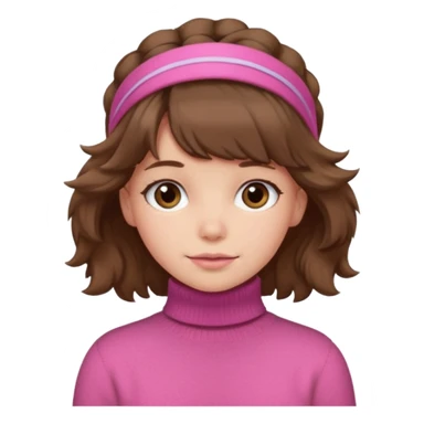 brown fluffy haired girl with pink turtleneck sweater and hair band sticker
