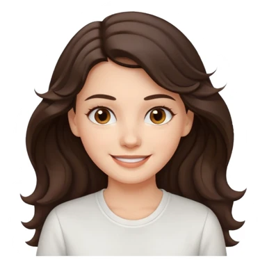 A White girl with wavy and dark hair, light brown eyes and a white shirt smiling sticker