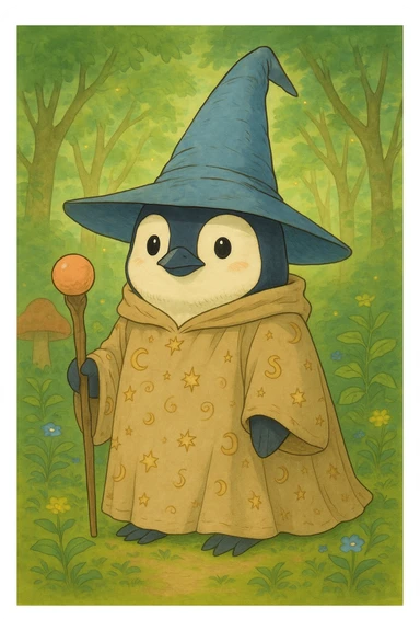 Create a ghibli style illustration of a penguin wizard with eyes open, keeping the background as is in the original image. sticker