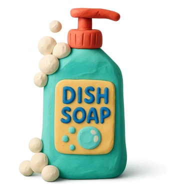 dish soap bottle in claymation style with bubbles and a playful label, pastel palette sticker