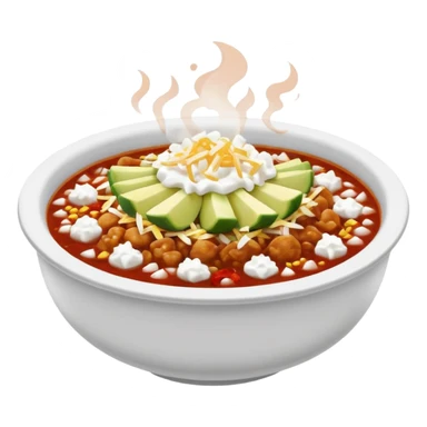 A delicious hot bowl of pozole rojo emoji. Steam rising. Hominy visible. Place the sides next to the bowl: chopped onions, shredded cabbage, lime wedges, red chile de arbol salsa, and full round tostadas with a light smear of sour cream sticker