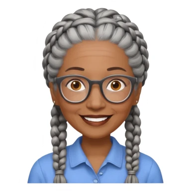 Older woman of color with gray braids, glasses and smiling sticker