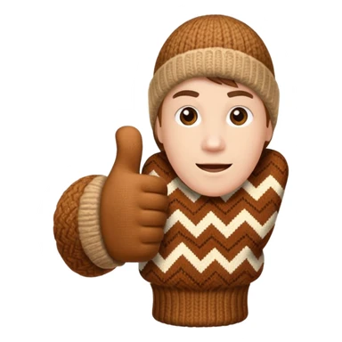 thumbs up fist in brown knit mitten with zig-zag beige pattern sticker