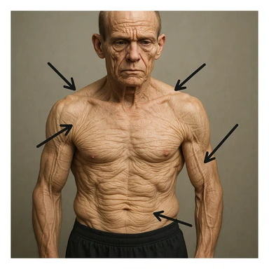 hyper realistic young bodybuilder aged prematurely due to collagen deficiency, well visible muscles, skin with marked wrinkles and loss of tone, arrows pointing to most affected areas, neutral atmosphere sticker