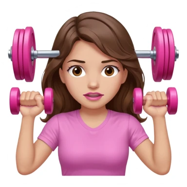 girl with wavy long brown hair, brown eyes, light to medium complexion, long lashes, light pink lipstick, wearing light pink shirt, lifting a pink dumbells sticker