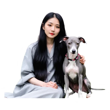 A beautiful 25-year-old Chinese woman with long black hair and a pure dark grey Italian Greyhound with absolutely NO white markings anywhere on its body sitting under a cherry blossom tree. The dog must be completely solid dark grey with no white on muzzle, paws, or chest. sticker