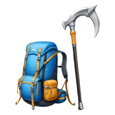 Icon for Mountain Tourism and Climbing: a mountain peak in the background, an ice axe, and climbing gear and backpack. The icon should capture the adventure and challenge of alpine exploration. Transparent background. sticker
