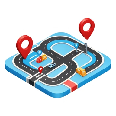 3D navigation map icon, simple curved road, location pin, smooth rounded shapes, Waze style, blue white and black colors, small red accents, clean minimal design, no background sticker