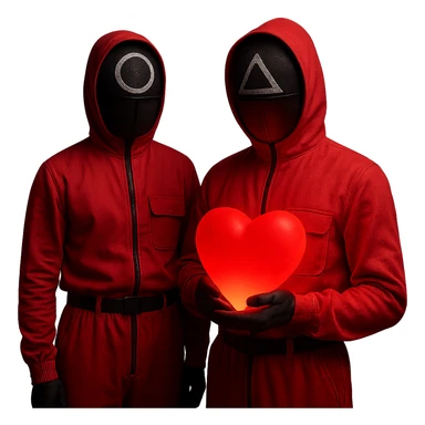 Edit the image of two masked guards from Squid Game series in pink jumpsuits. One guard is holding a large glowing red heart that emits soft light, the other is standing beside. Keep the original style, minimal background, and dramatic lighting. Remove the background completely. sticker