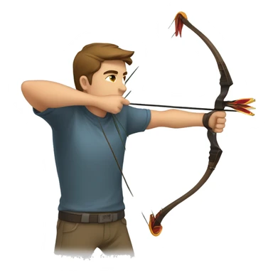 a male archer aiming with a bow looking at his target, wearing a tshirt, brown hair, bright skin, sticker