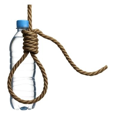A long rope with a noose, a well-visible water bottle wrapped in the rope, no background, realistic style, natural details, symbolic atmosphere, photorealistic and detailed water bottle wrapped in the rope. sticker