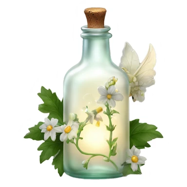 White magic fairy light sparkling old Antique bottle with poison and with herbal and flowers sticker