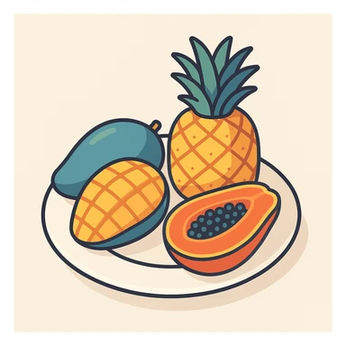 a plate with tropical fruits like pineapple mango and papaya in 2D isometric illustration style sticker