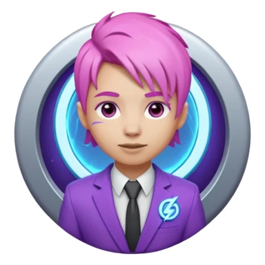 Cute 3D emoji-style character with pink hair and purple eyes, inside a circular badge. No hands, no pose. Clean purple suit with a glowing neon-blue ‘C’ logo on the chest, small lightning accent. Smooth Apple-style lighting, friendly expression sticker