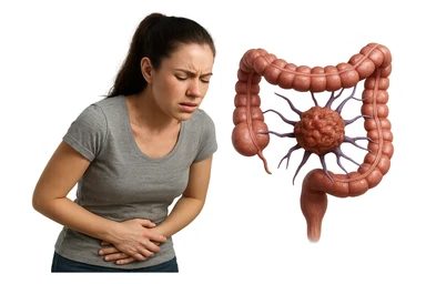 donna giovane piegata in avanti con mal di pancia e cellula tumorale che danneggia il colon, iperrealistica 4k sticker