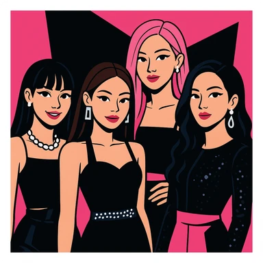 Blackpink K-pop group, pink and black color scheme, glamorous, confident expressions, stylish modern fashion sticker