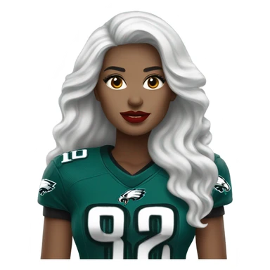 White female long dark hair red lips wearing Philadelphia Eagles jersey sticker
