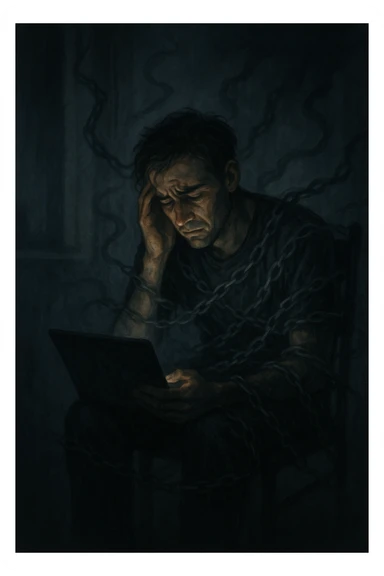 a man sits alone in a dimly lit room at night, illuminated only by the glow of a computer or phone screen. His posture is slouched, and his expression is tired and troubled. Around him, faint, ghostly chains or shadows subtly wrap around his body, symbolizing addiction and emotional distress. The background is blurred, emphasizing isolation and discomfort. in italiano sticker