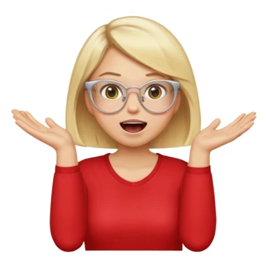 emoji style, waist-up woman with light skin, blonde bob hair, white cat-eye glasses, red shirt, both hands cupped around her mouth, shouting with joy on simple light background sticker