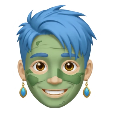 messy green clay mask man with earrings and blue hair sticker