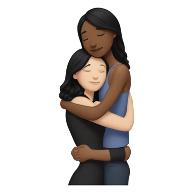 A lesbian couple that both have white skin and long black hair are hugging intimately, and romantically. sticker