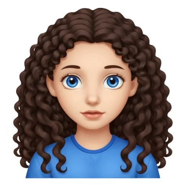 a girl with long dark brown curly hair that starts at the level of her ears, and blue eyes sticker