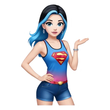 Full body-excited expression-very-beautiful-face-light-pink-lips-very long-very-straight-dark-blue-ombre-hair-and-blue-eyes-thick-black-eyeliner-thick-long-eyelashes-sky-blue-superman-tank-top-with-glitter-and-silver-hoop-earrings sticker