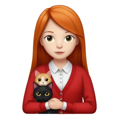 Ginger long straight hair with a red cardigan holding a  fully black cat with a white shirt under the red cardigan sticker