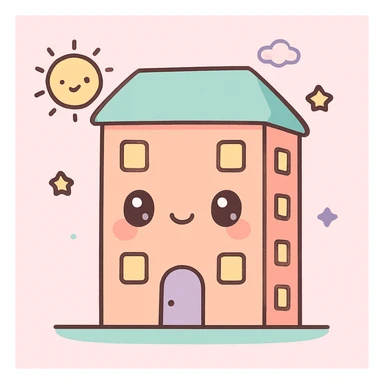 apartment building, kawaii chibi anime style, flat pastel colors, thick outlines, simple cute features, sunny day sticker