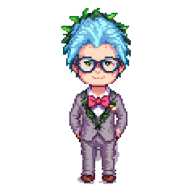 pixel art icon of a nerd with spiky hair, big glasses, and a bow tie sticker