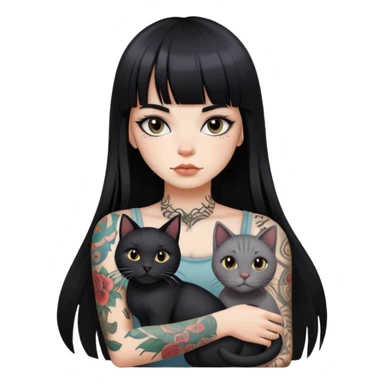 girl with long black  straight bangs hair and tattoos and a grey-shared cat sticker