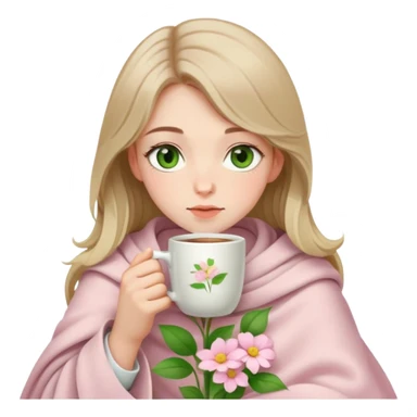 make a pale dark blonde haired girl with green eyes with a light pink blanket with flowers on her sipping coffee from a white mug. Make it aesthetic sticker