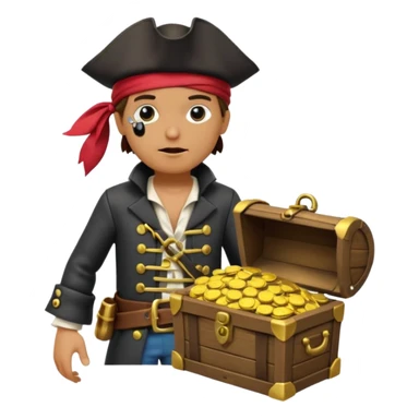 A 3D cartoon pirate character with one eye covered by a black eye patch, holding a treasure chest filled with gold coins and jewels, standing on sandy ground, wearing a pirate hat and coat, warm sunset lighting, realistic Memoji-style rendering. sticker