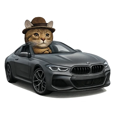 A cat wearing a hat and riding a gray BMW M8 sticker