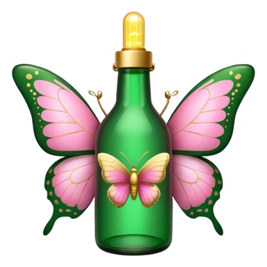 green bottle adorned with gold details and lights, pink butterflies, emoji style sticker