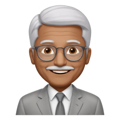 60 yr old indian man, short straight white hair brushed foreward , light grey business suit, big smile, dark brown skin, no moustache, dark brown eyes, glasses
 sticker