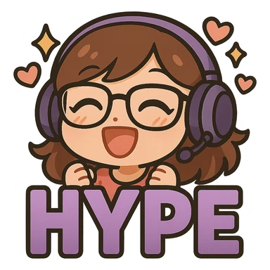 Resize the image to 112 by 112 pixels, keeping all details sharp and clear. Maintain the chibi style with purple gradient HYPE letters, cute details, purple headset, and glasses. Transparent background. sticker